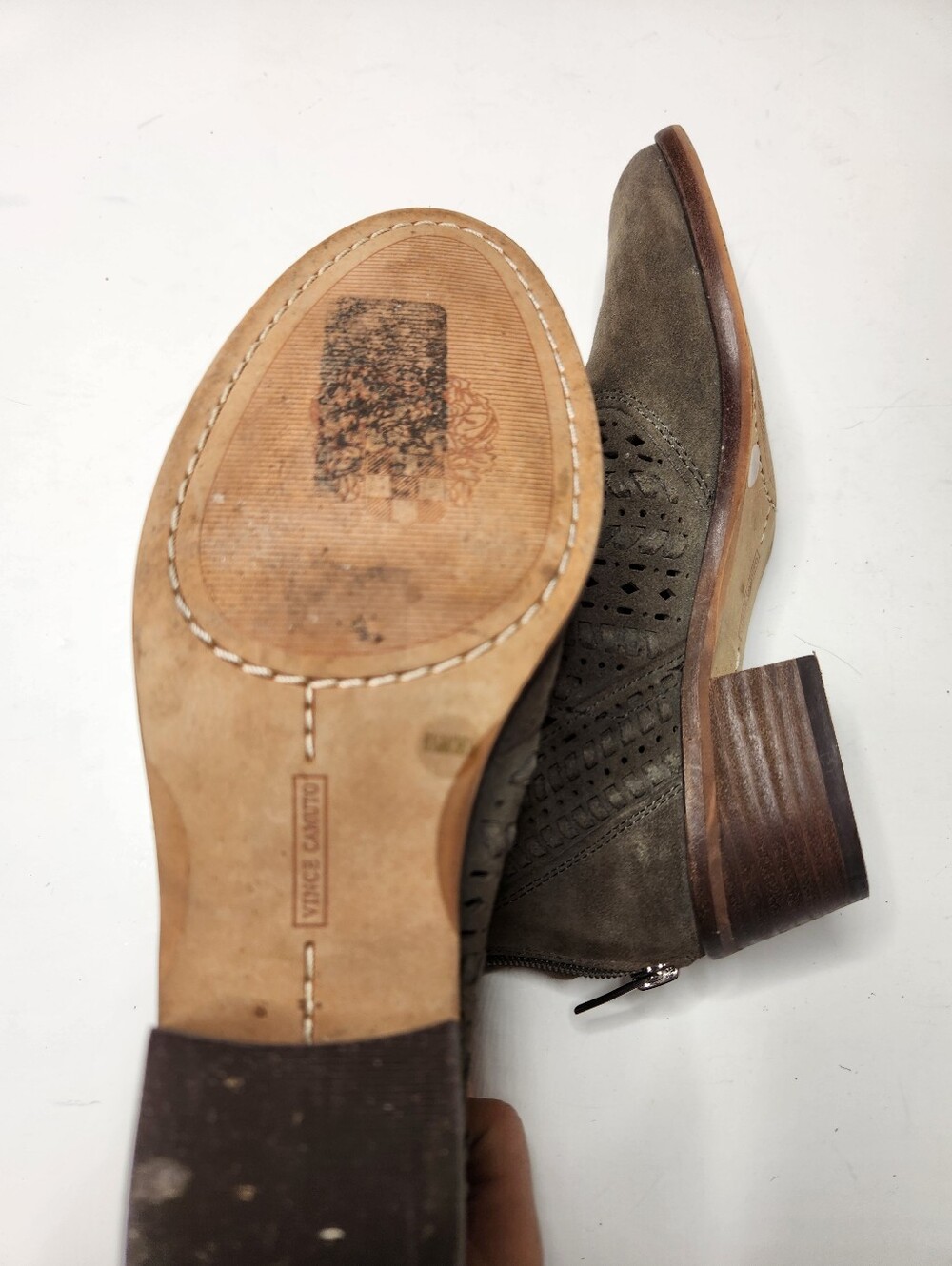 Vince Camuto Olive Taupe Suede Laser-Cut Ankle Booties - Picture 6 of 7